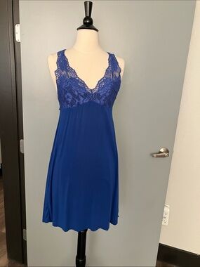 Lace-Trim V-Neck Chemise Dress- Royal Blue